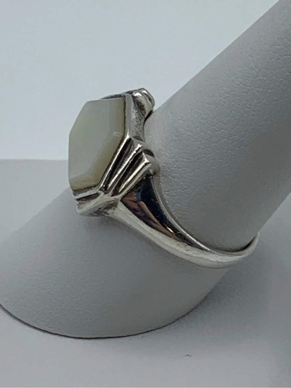 Art Deco Geometric Hexagon Mother of Pearl Sterling Silver Ring Size 9